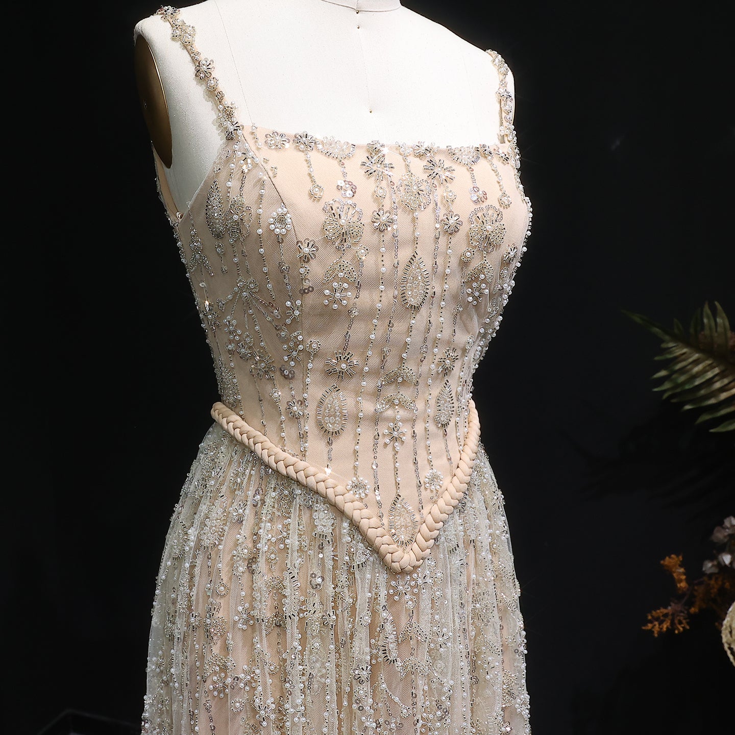 Luxury Sequined Floral Lace Square Neck A-Line Evening Dress SS693 Sheer Fairy