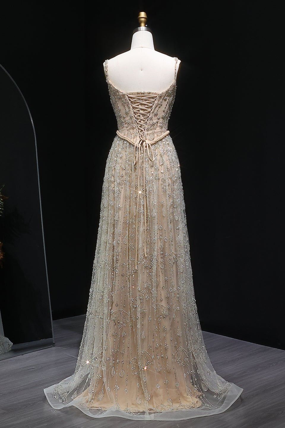 Luxury Sequined Floral Lace Square Neck A-Line Evening Dress SS693