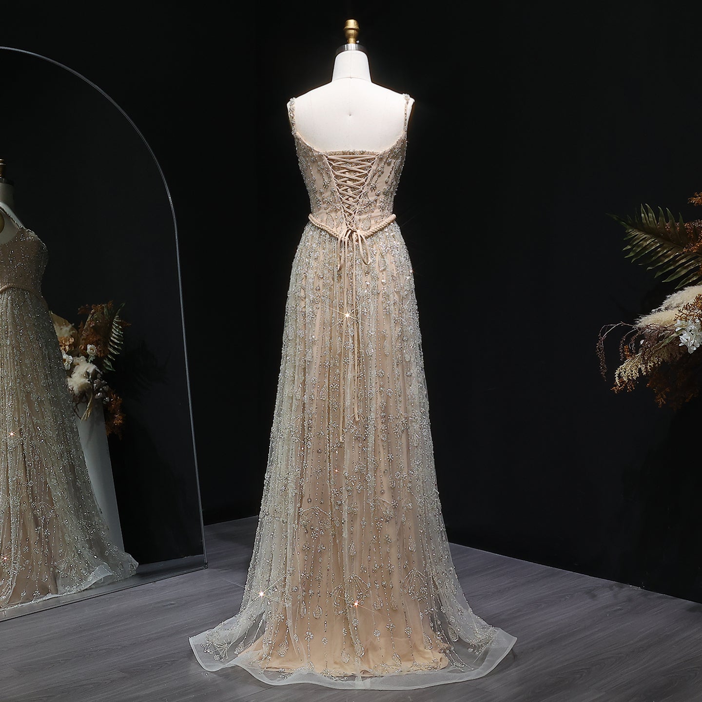 Luxury Sequined Floral Lace Square Neck A-Line Evening Dress SS693 Sheer Fairy