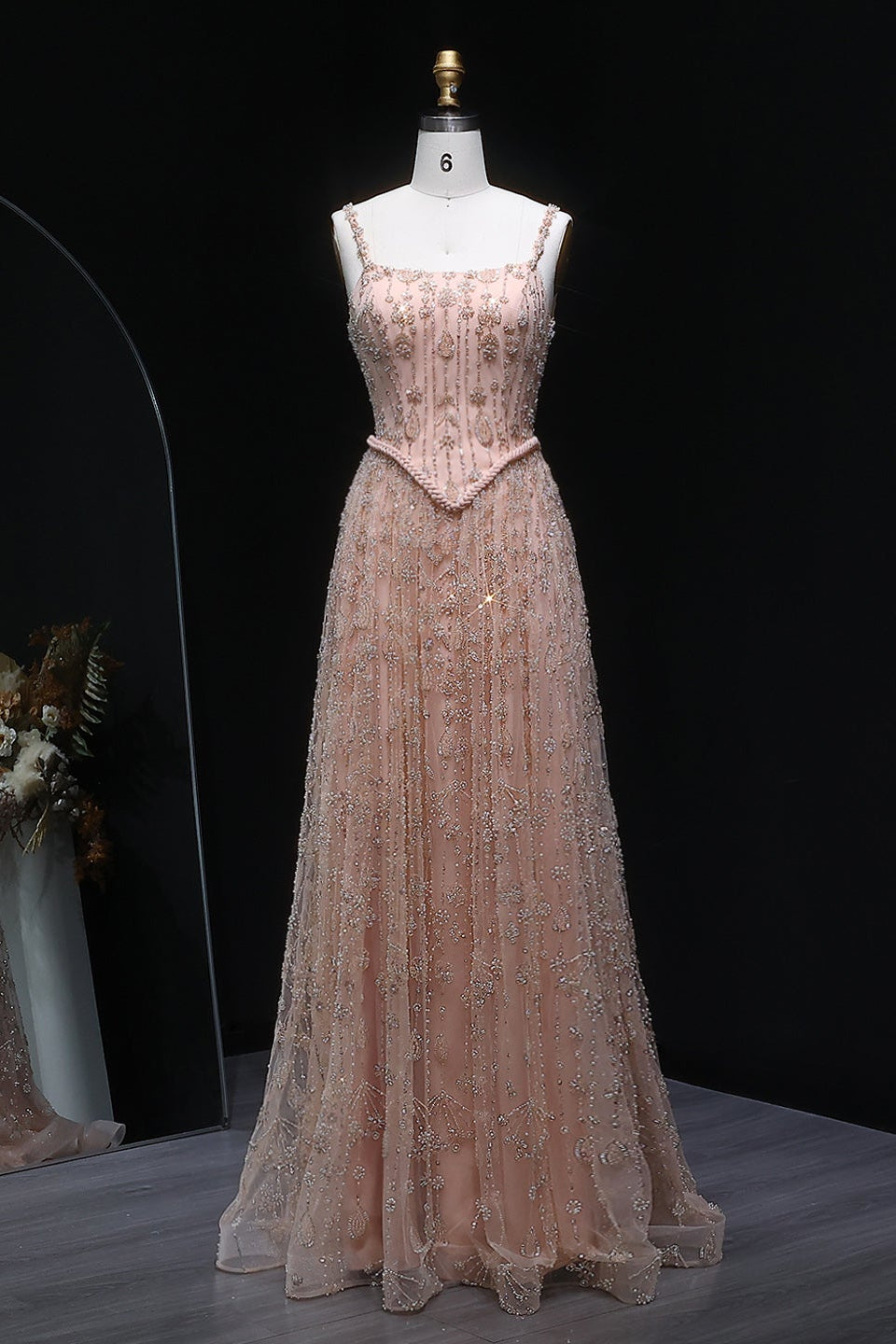 Luxury Sequined Floral Lace Square Neck A-Line Evening Dress SS693