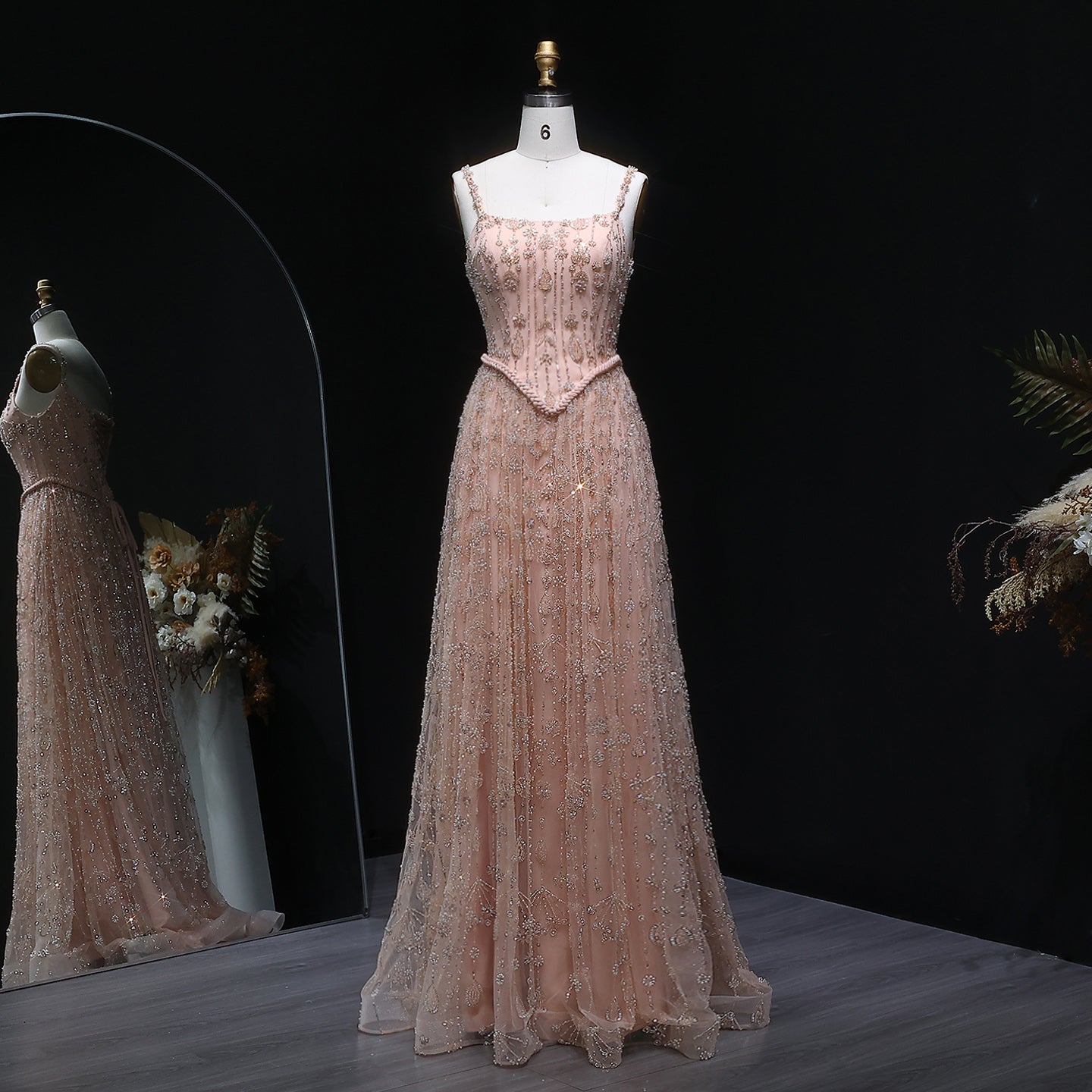 Luxury Sequined Floral Lace Square Neck A-Line Evening Dress SS693 Sheer Fairy