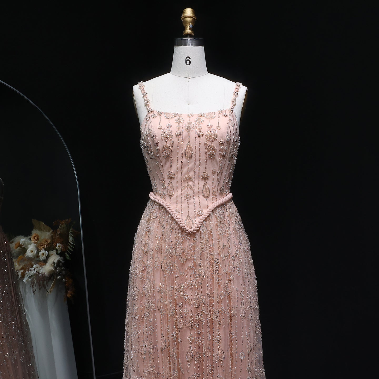 Luxury Sequined Floral Lace Square Neck A-Line Evening Dress SS693 Sheer Fairy