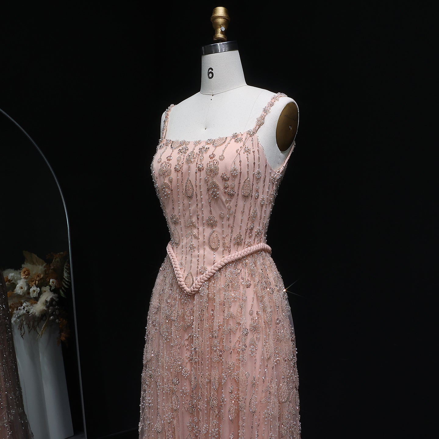 Luxury Sequined Floral Lace Square Neck A-Line Evening Dress SS693 Sheer Fairy