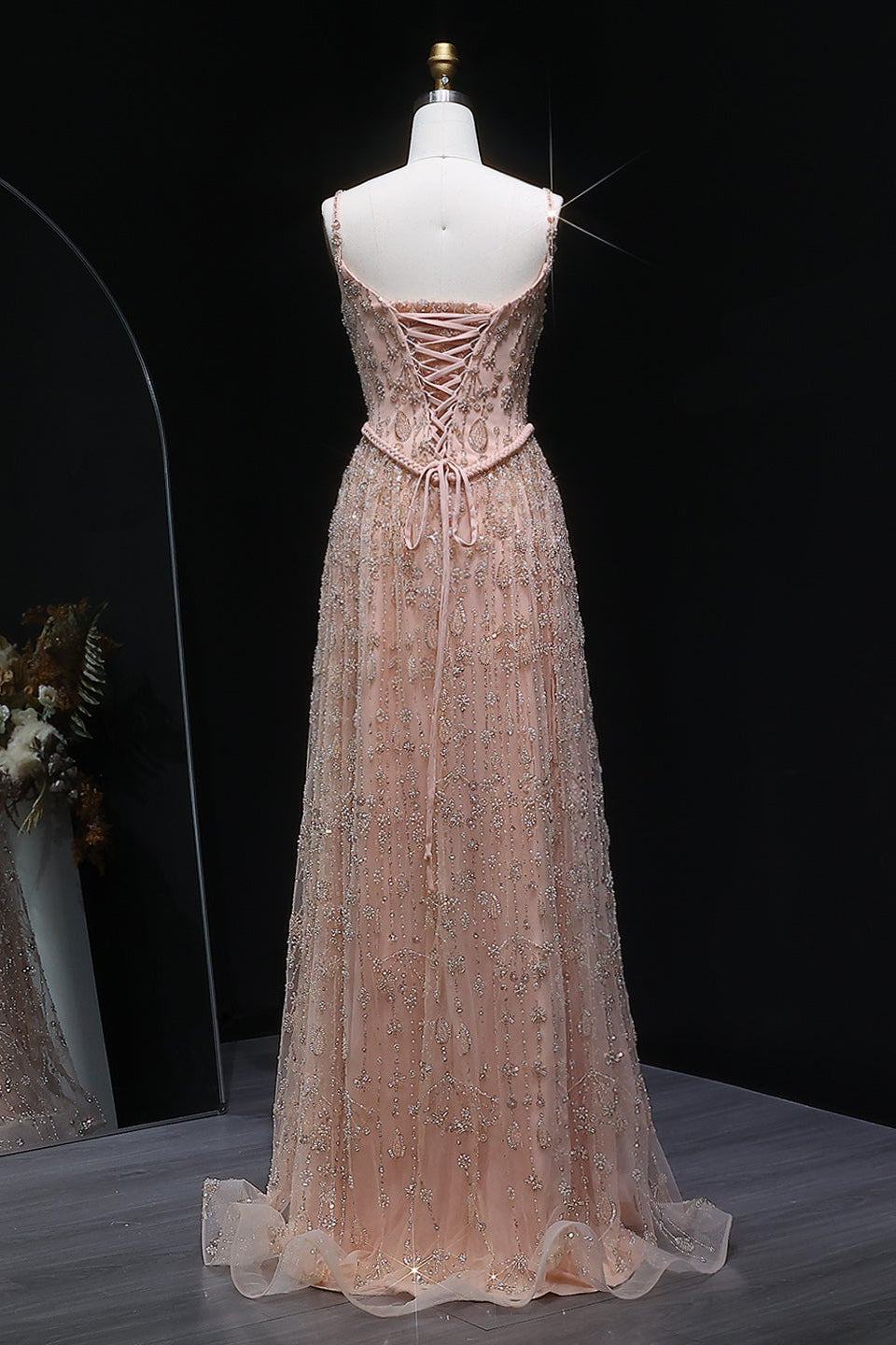 Luxury Sequined Floral Lace Square Neck A-Line Evening Dress SS693