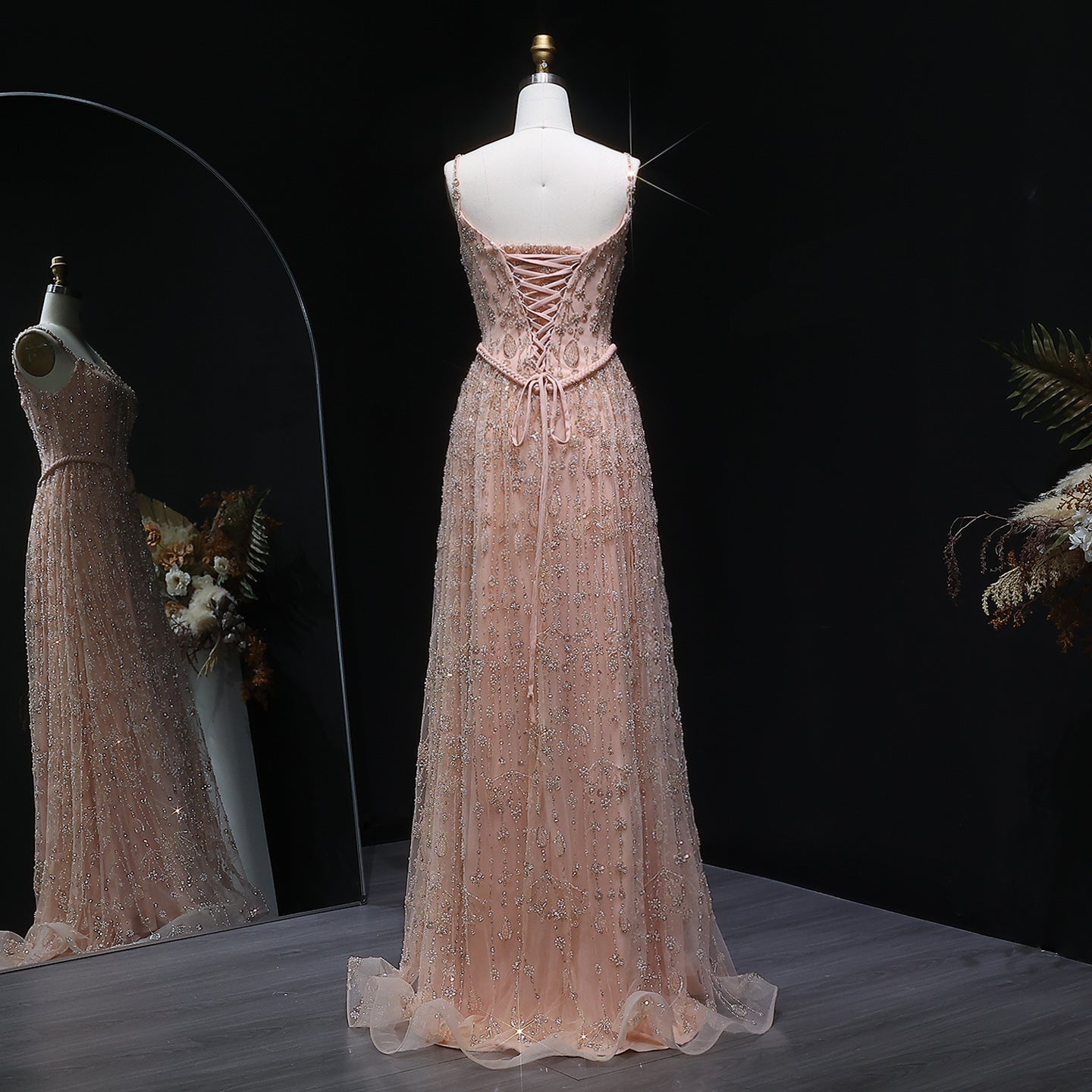 Luxury Sequined Floral Lace Square Neck A-Line Evening Dress SS693 Sheer Fairy