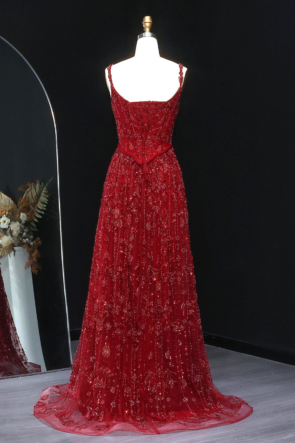 Luxury Sequined Floral Lace Square Neck A-Line Evening Dress SS693