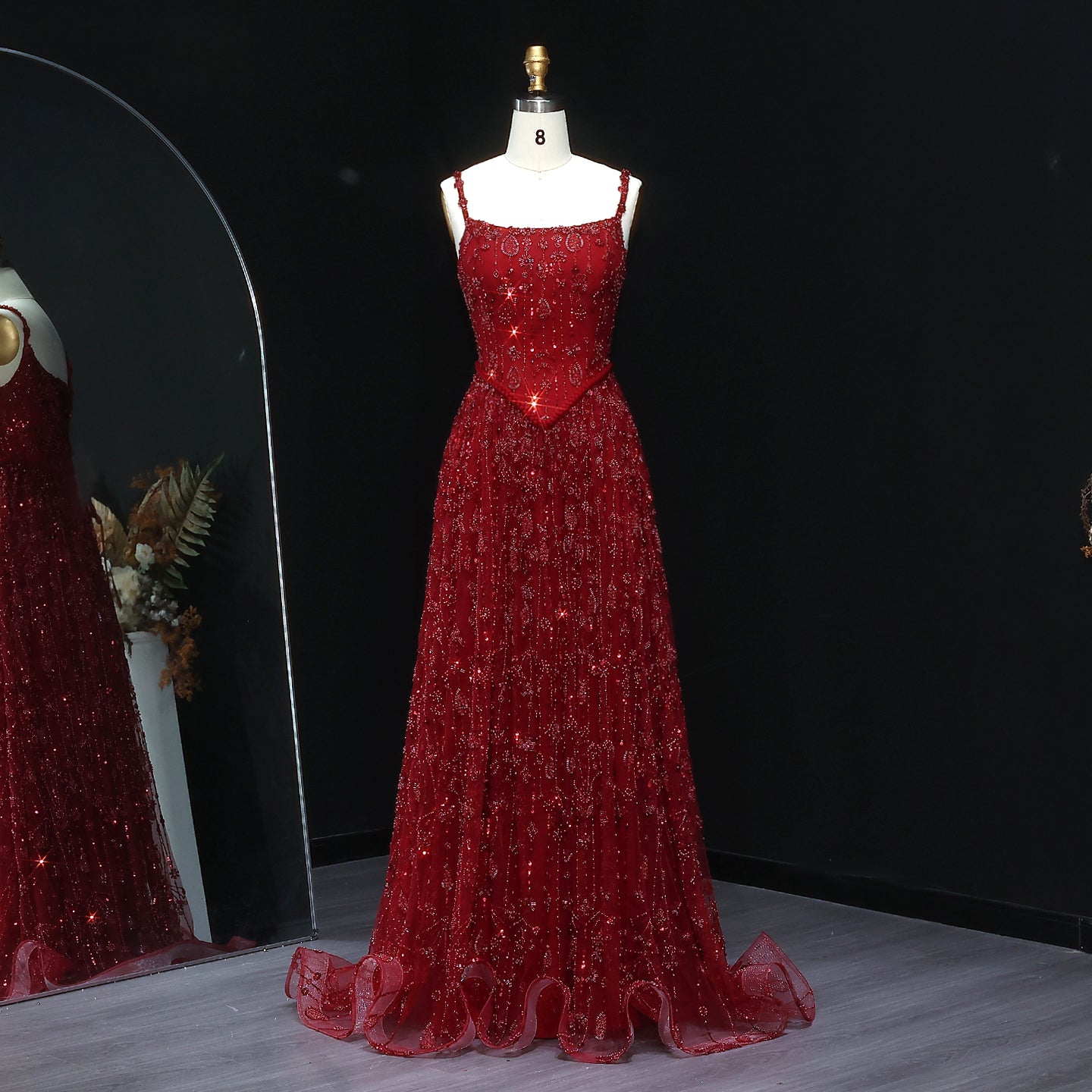 Luxury Sequined Floral Lace Square Neck A-Line Evening Dress SS693 Sheer Fairy