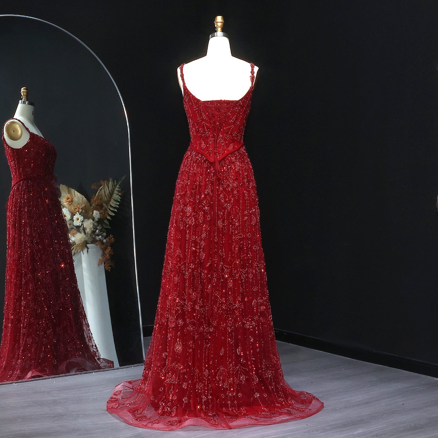 Luxury Sequined Floral Lace Square Neck A-Line Evening Dress SS693 Sheer Fairy