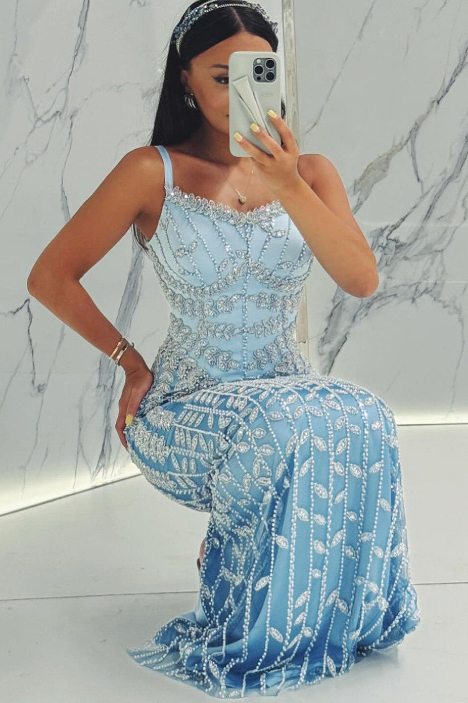 Luxury Spaghetti Straps Lace Beaded Mermaid Evening Dress SS694