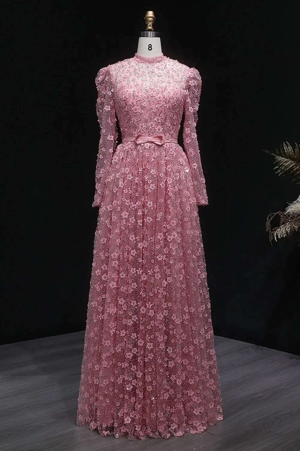 Pink Floral Lace High Neck A-Line Sleeves Evening Dress SS700 Sheer Fairy