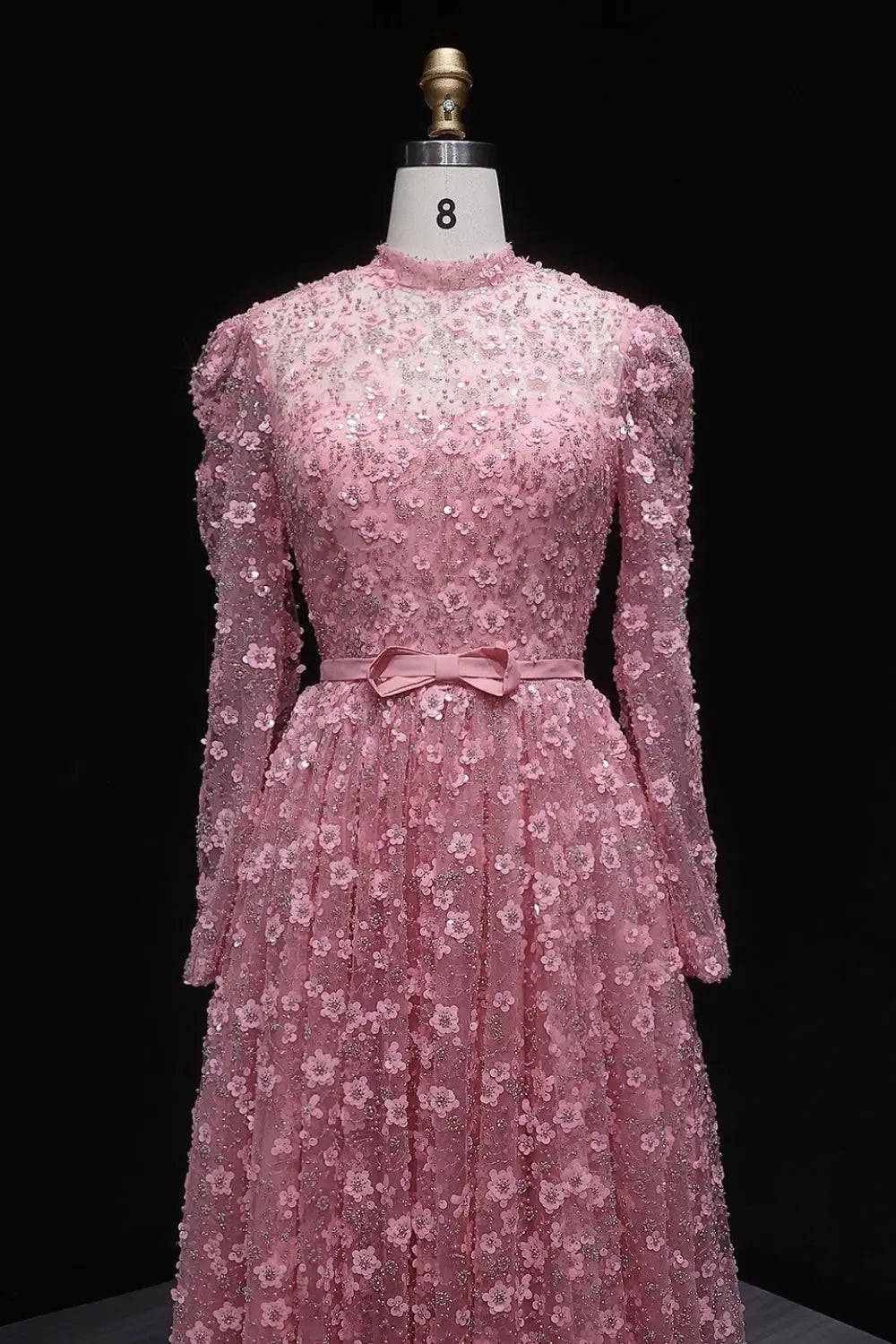 Pink Floral Lace High Neck A-Line Sleeves Evening Dress SS700 Sheer Fairy