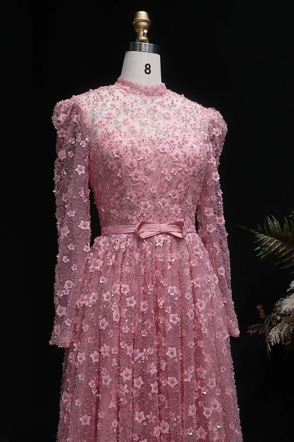 Pink Floral Lace High Neck A-Line Sleeves Evening Dress SS700 Sheer Fairy