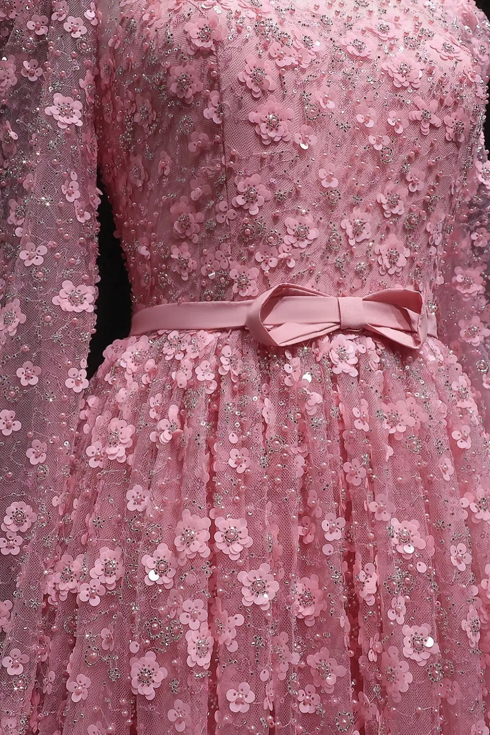 Pink Floral Lace High Neck A-Line Sleeves Evening Dress SS700 Sheer Fairy