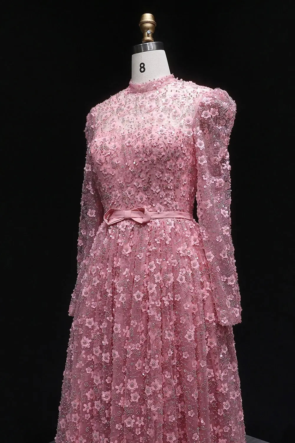 Pink Floral Lace High Neck A-Line Sleeves Evening Dress SS700 Sheer Fairy
