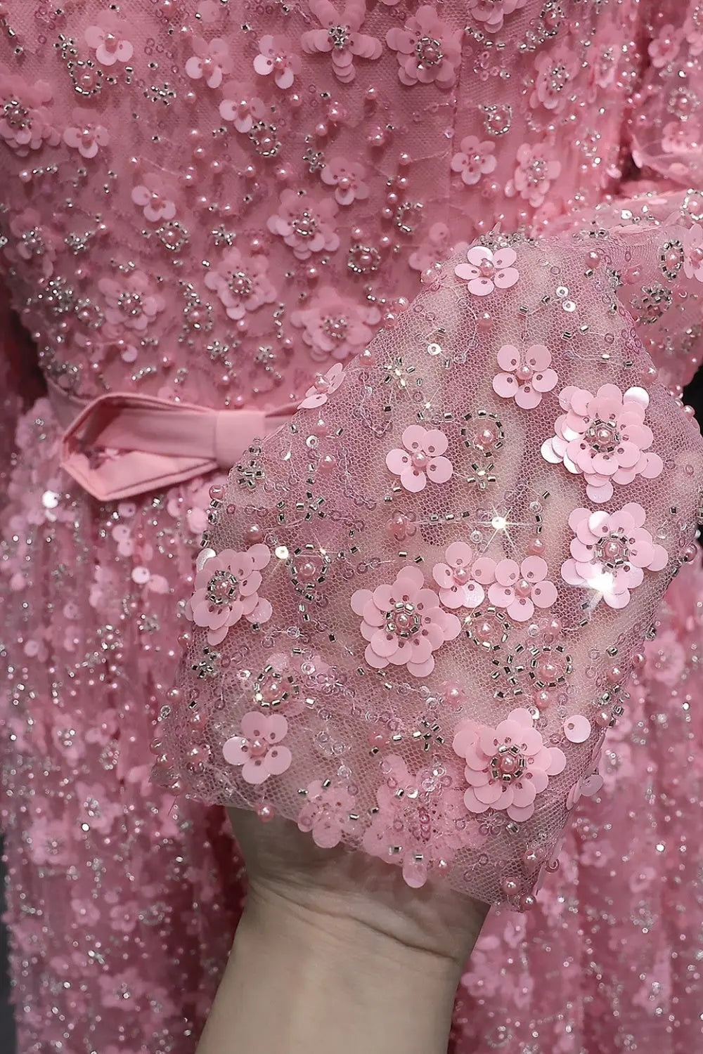 Pink Floral Lace High Neck A-Line Sleeves Evening Dress SS700 Sheer Fairy