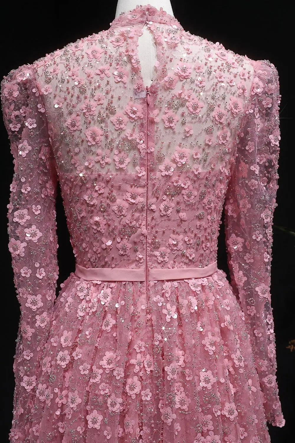 Pink Floral Lace High Neck A-Line Sleeves Evening Dress SS700 Sheer Fairy