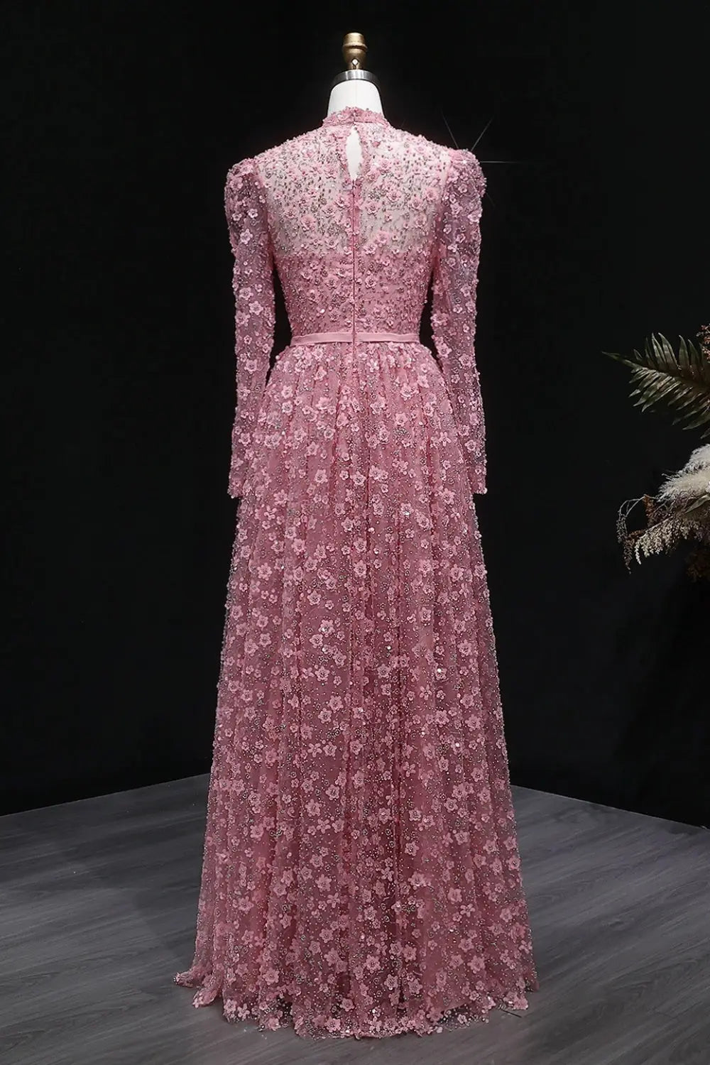 Pink Floral Lace High Neck A-Line Sleeves Evening Dress SS700 Sheer Fairy