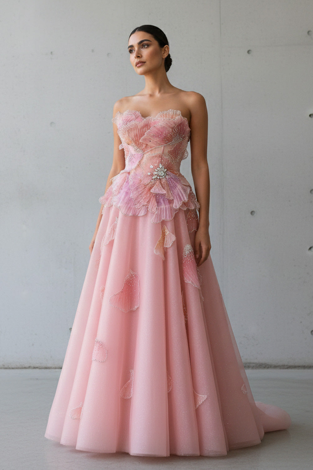 Blush Pink Strapless 3D Floral Ball Gown Long Evening Dress SS749 Sheer Fairy