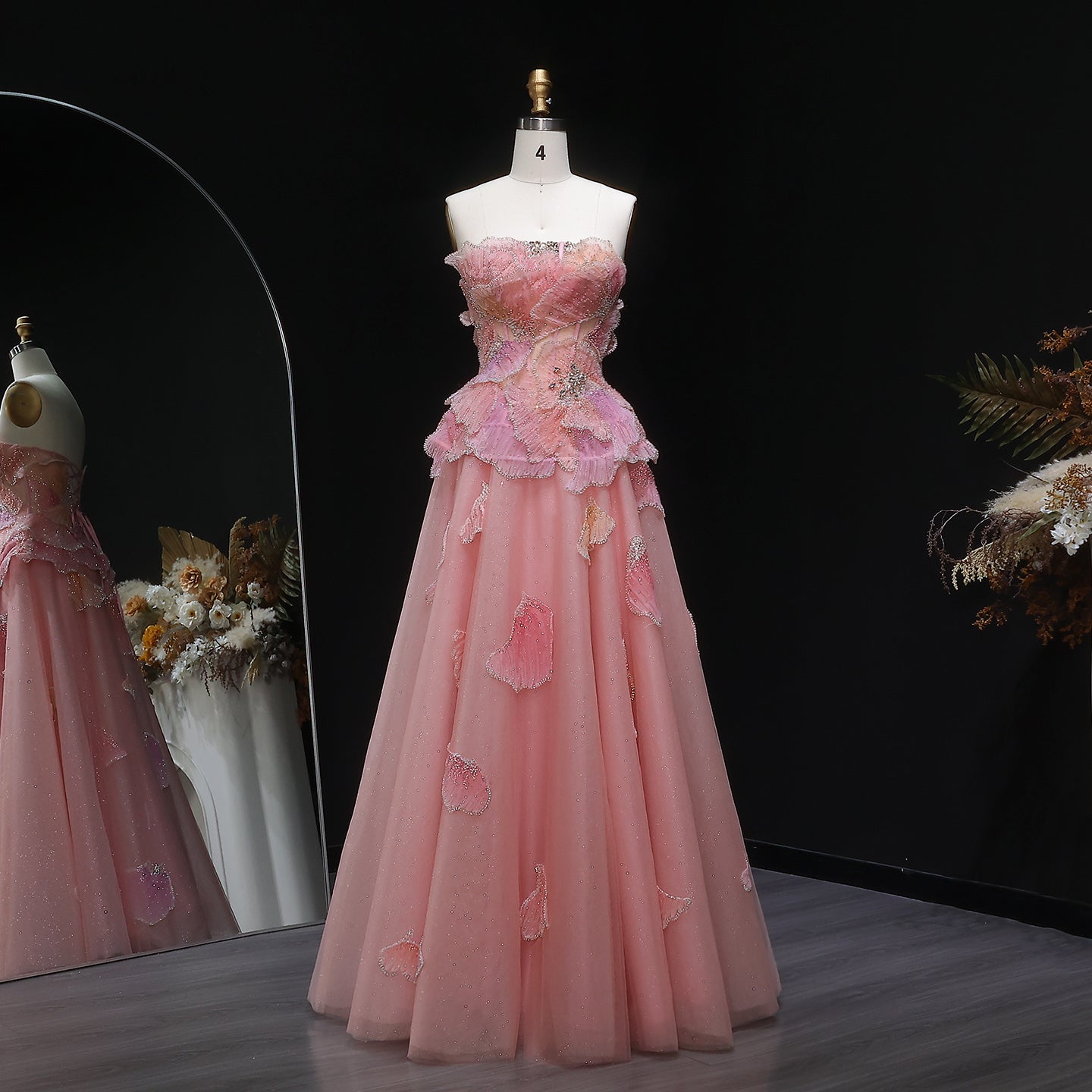 Blush Pink Strapless 3D Floral Ball Gown Long Evening Dress SS749 Sheer Fairy