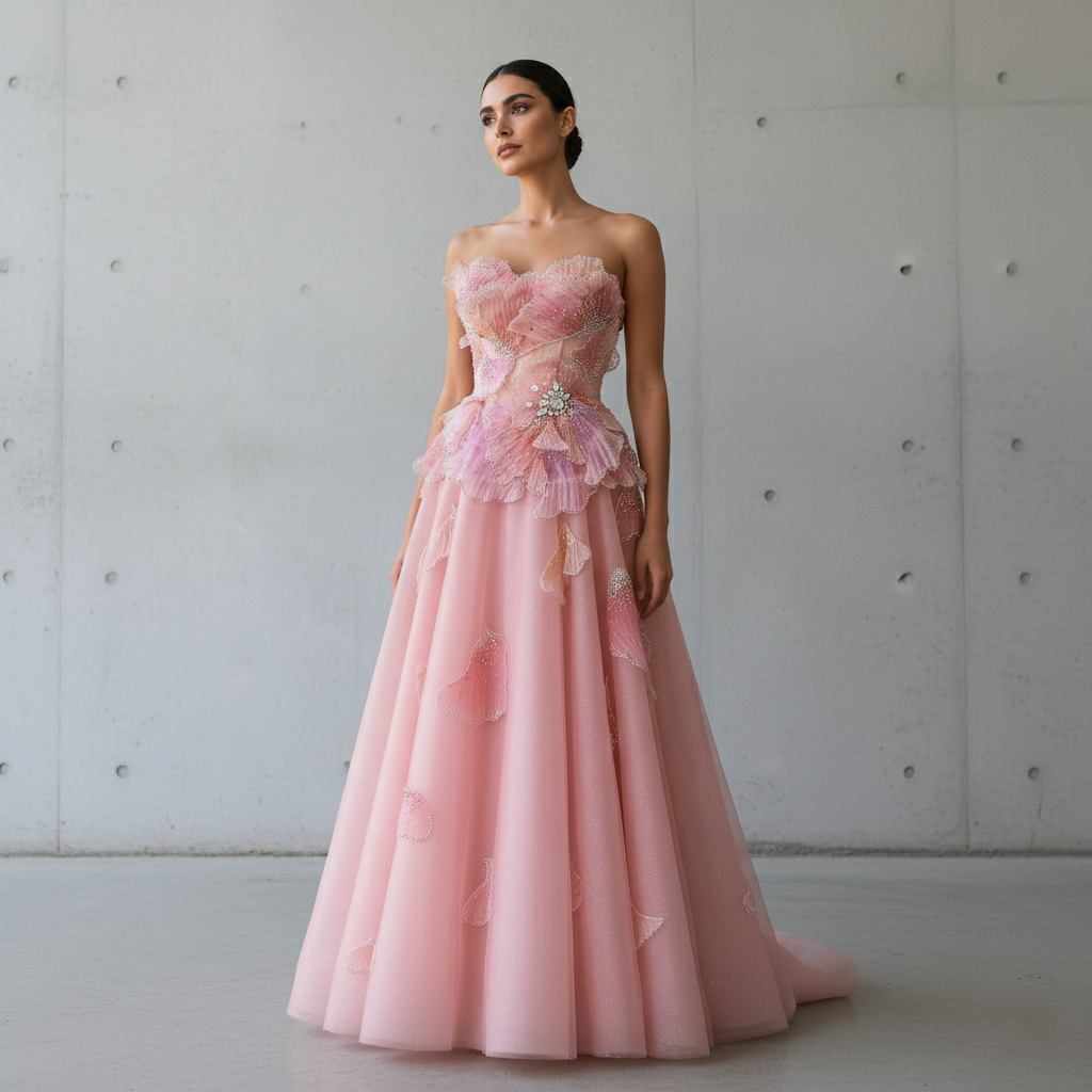 Blush Pink Strapless 3D Floral Ball Gown Long Evening Dress SS749 Sheer Fairy