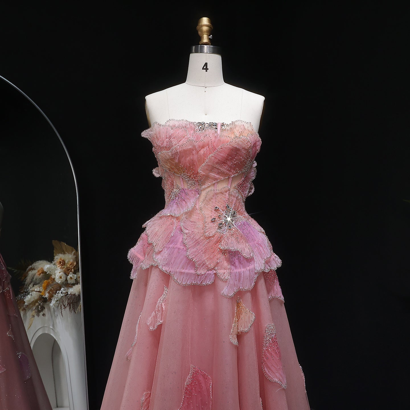 Blush Pink Strapless 3D Floral Ball Gown Long Evening Dress SS749 Sheer Fairy