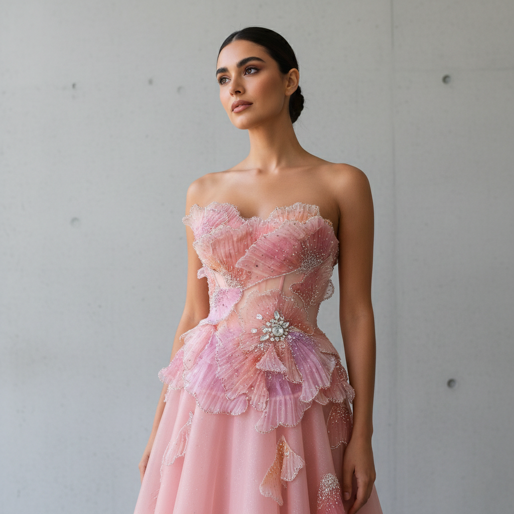 Blush Pink Strapless 3D Floral Ball Gown Long Evening Dress SS749 Sheer Fairy