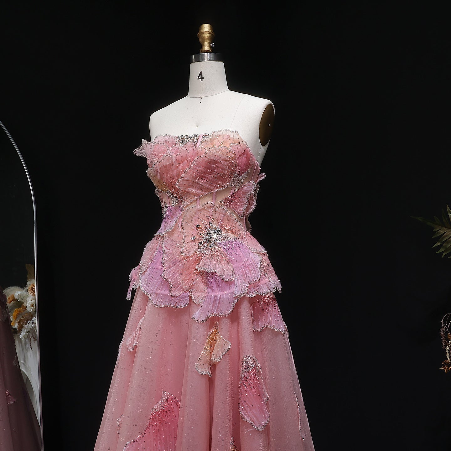 Blush Pink Strapless 3D Floral Ball Gown Long Evening Dress SS749 Sheer Fairy