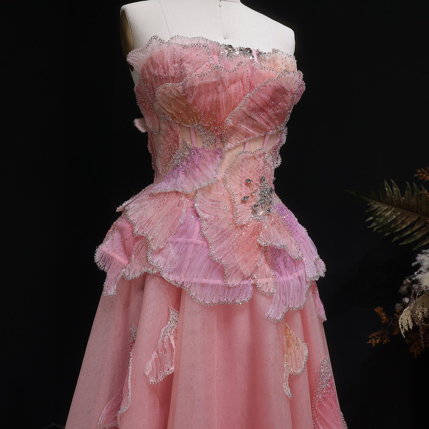 Blush Pink Strapless 3D Floral Ball Gown Long Evening Dress SS749 Sheer Fairy