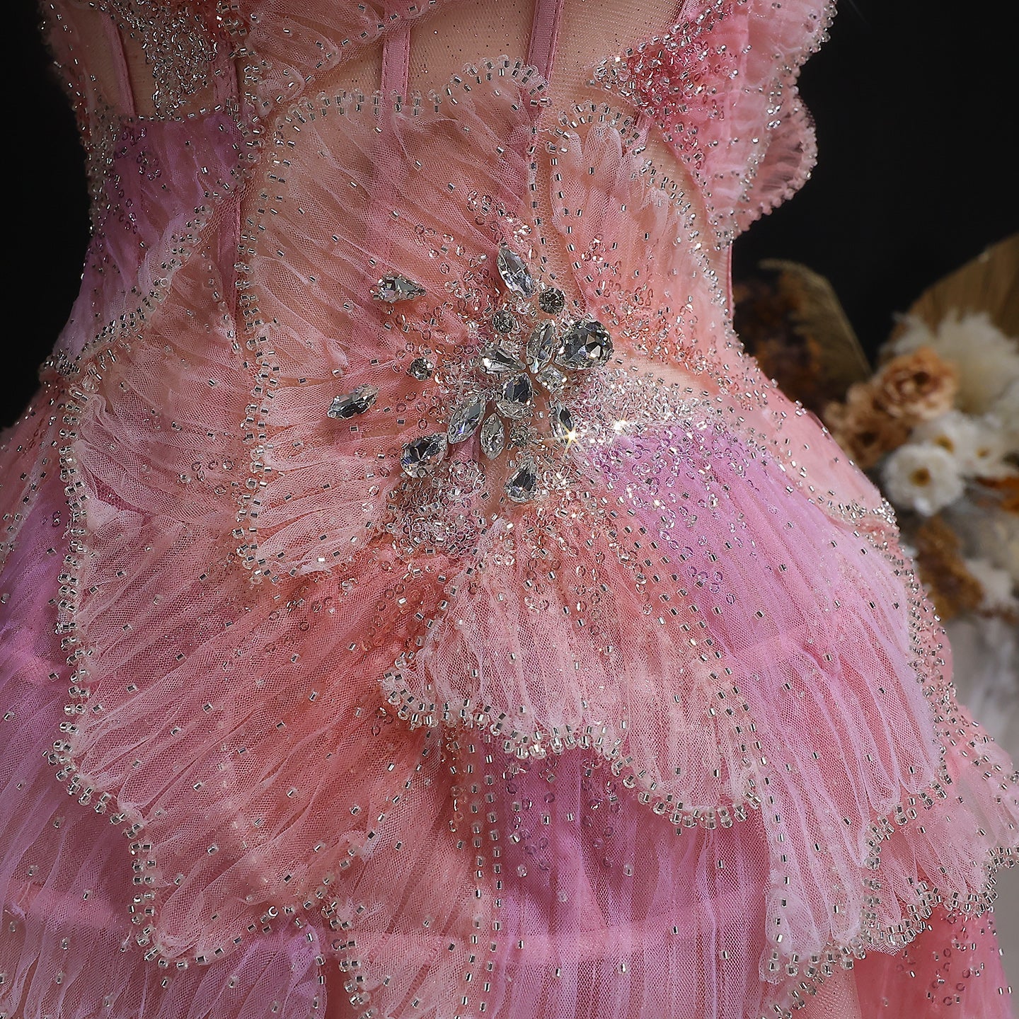 Blush Pink Strapless 3D Floral Ball Gown Long Evening Dress SS749 Sheer Fairy