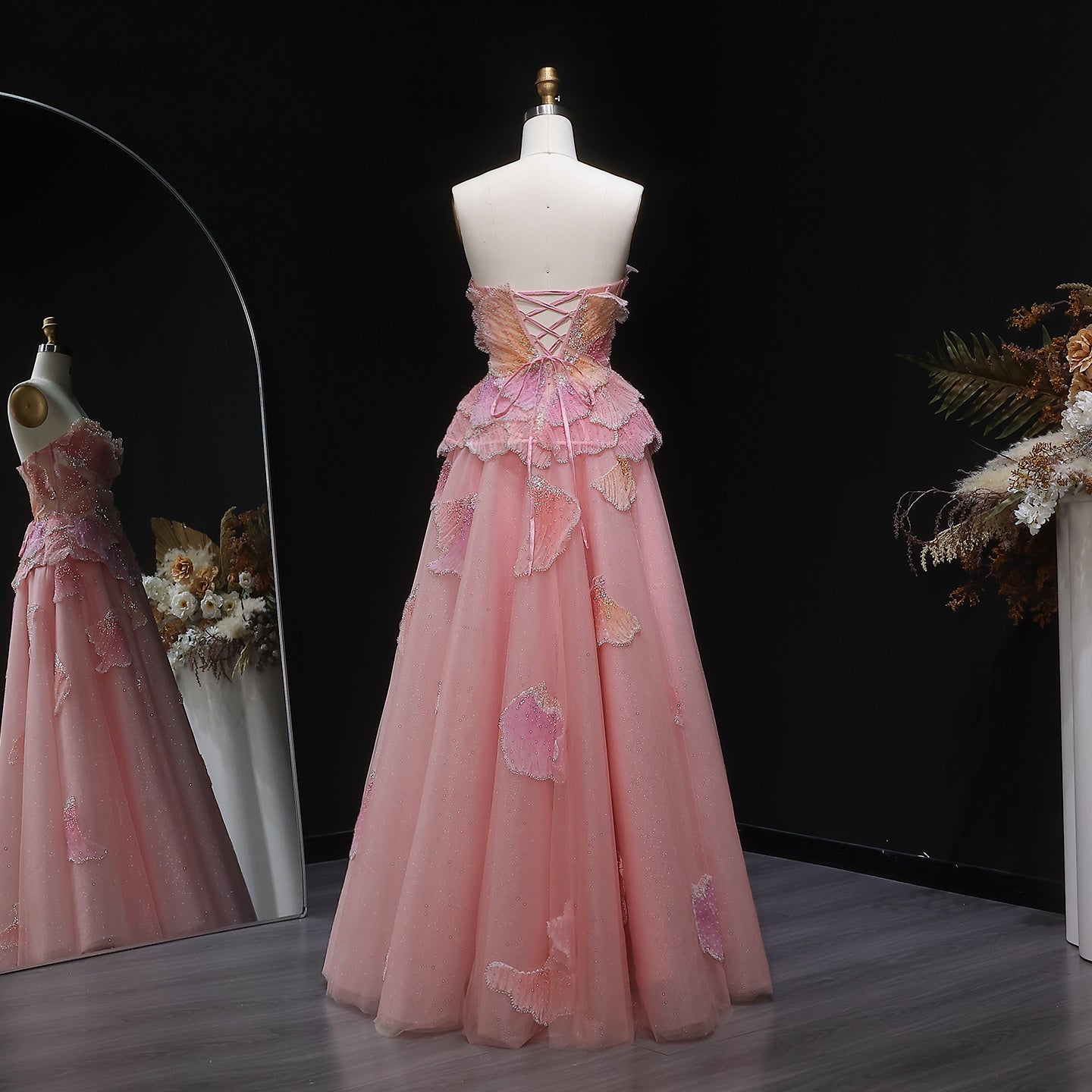 Blush Pink Strapless 3D Floral Ball Gown Long Evening Dress SS749 Sheer Fairy