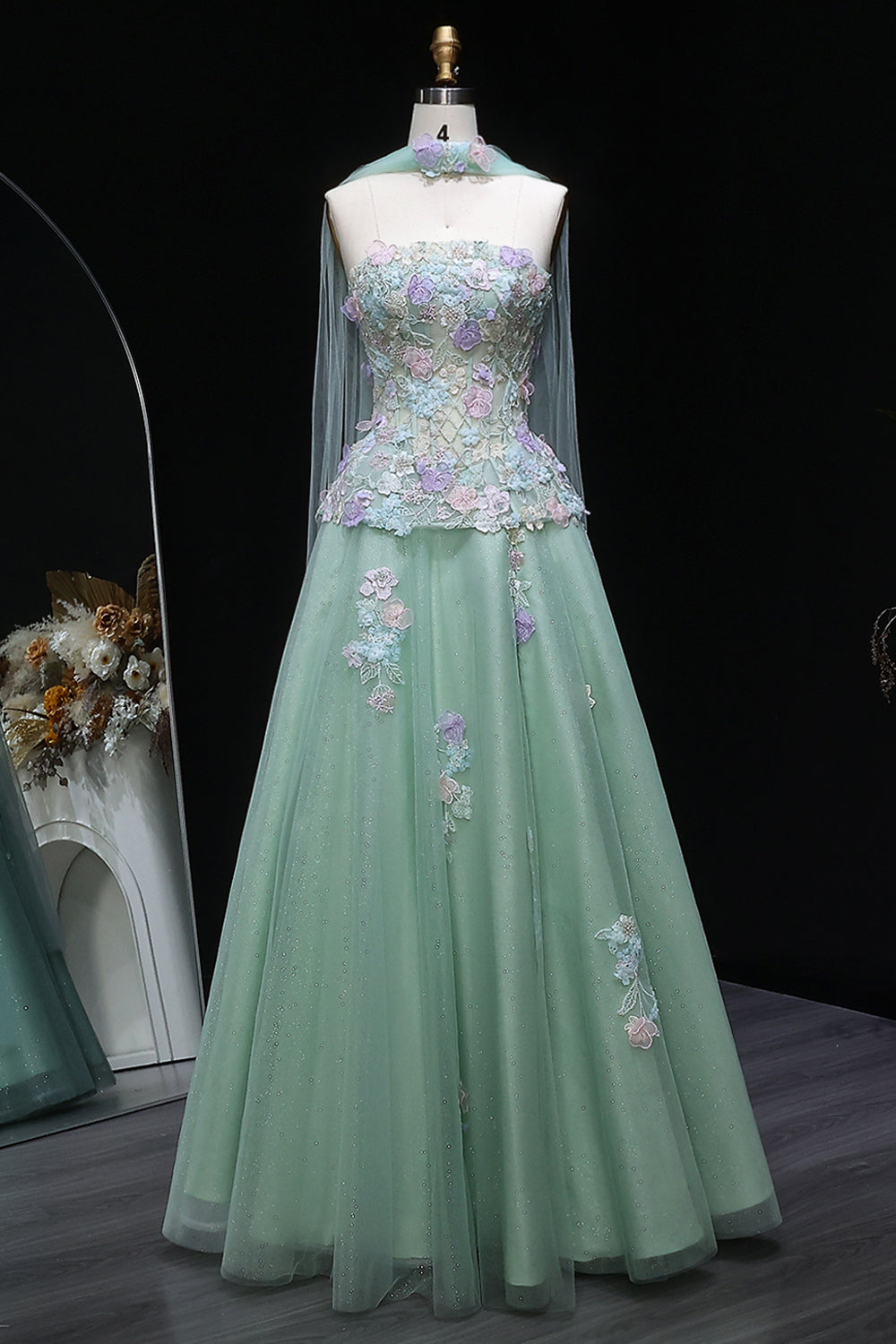 Sage Green Strapless Floral Lace Ball Gown with Wrap SS755 Sheer Fairy