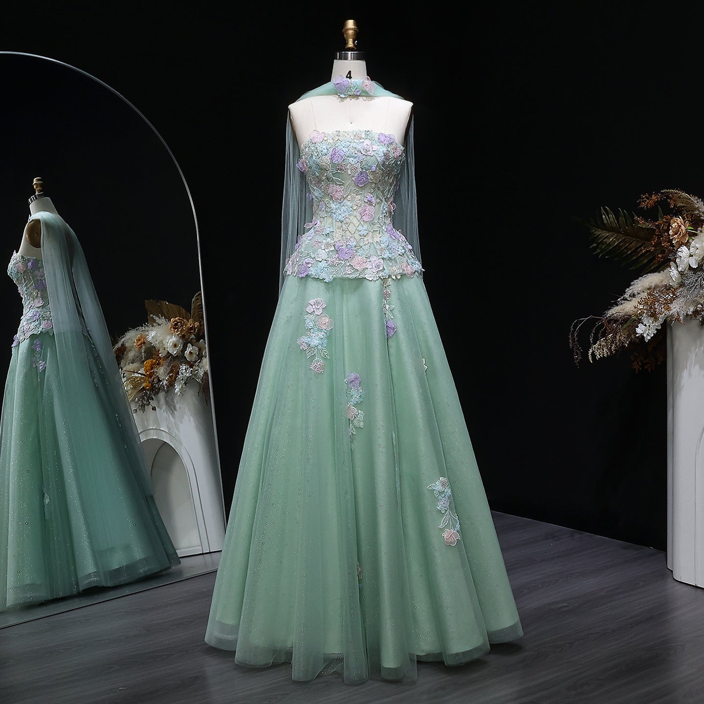 Sage Green Strapless Floral Lace Ball Gown with Wrap SS755 Sheer Fairy