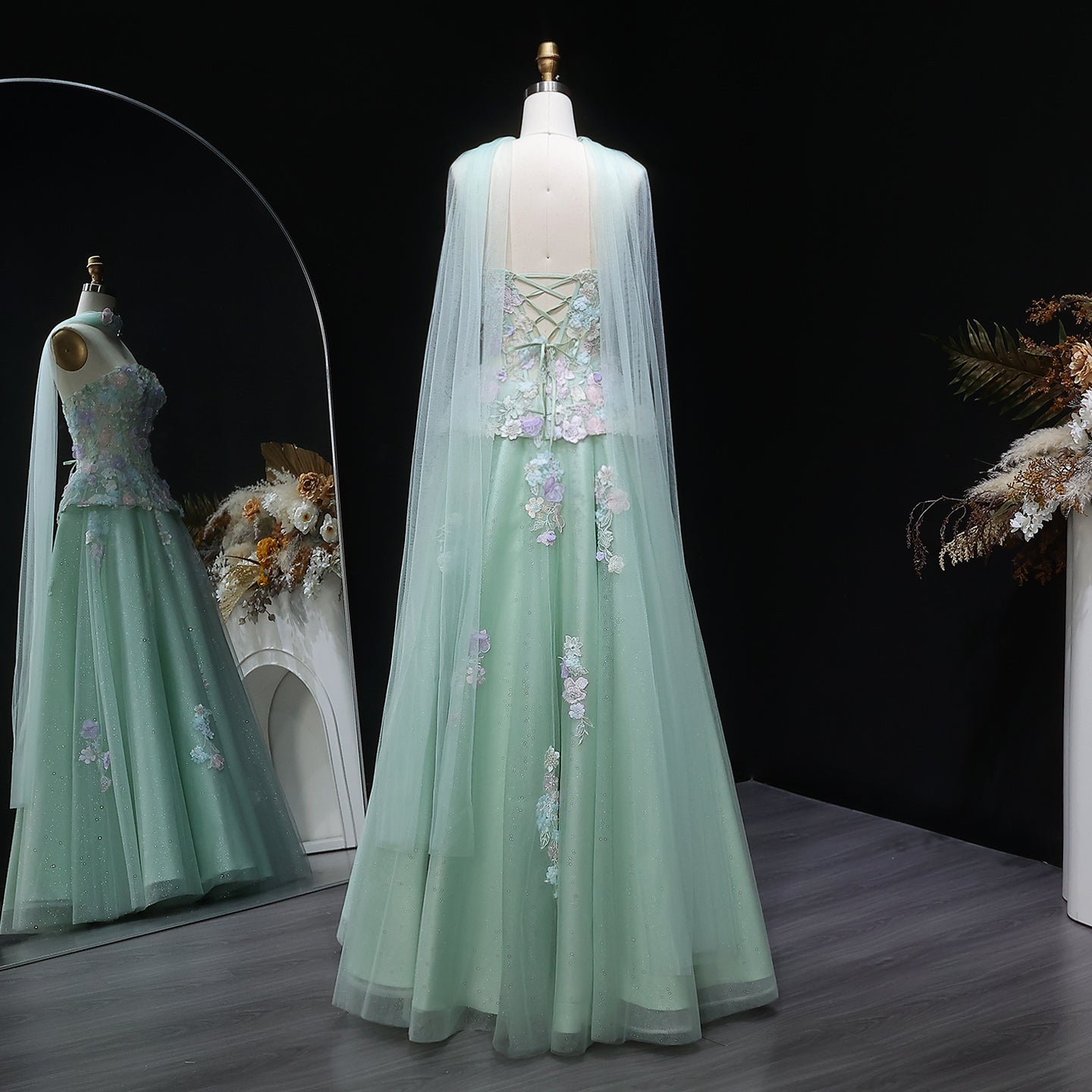 Sage Green Strapless Floral Lace Ball Gown with Wrap SS755 Sheer Fairy