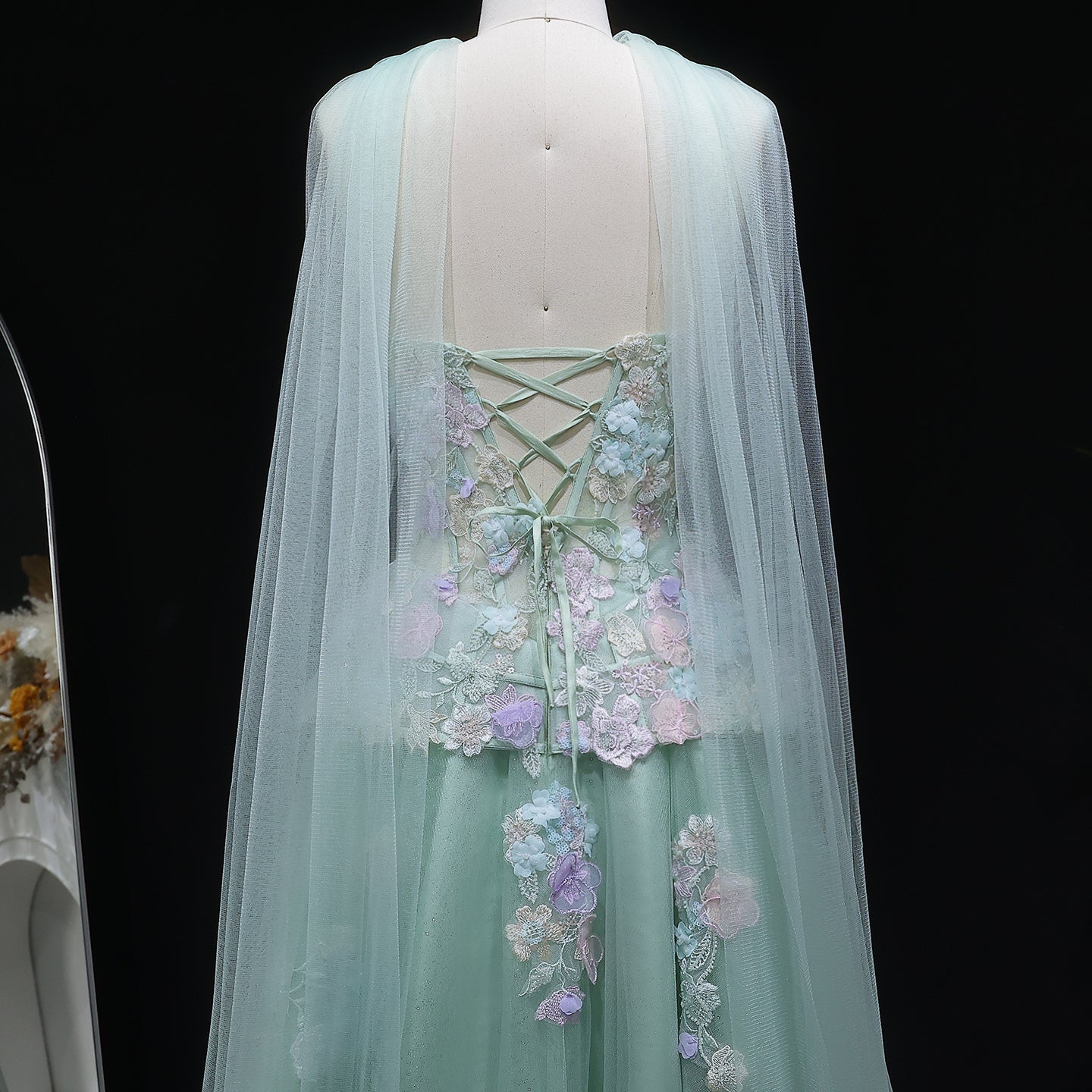 Sage Green Strapless Floral Lace Ball Gown with Wrap SS755 Sheer Fairy