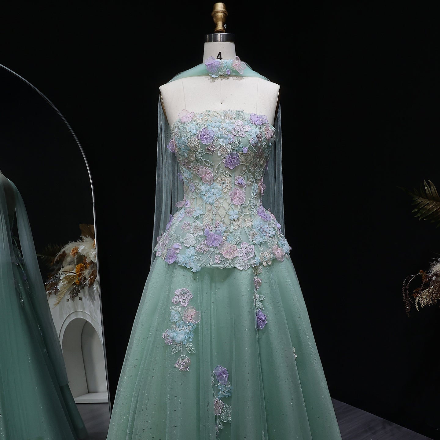 Sage Green Strapless Floral Lace Ball Gown with Wrap SS755 Sheer Fairy