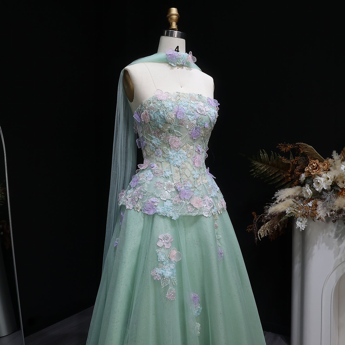 Sage Green Strapless Floral Lace Ball Gown with Wrap SS755 Sheer Fairy