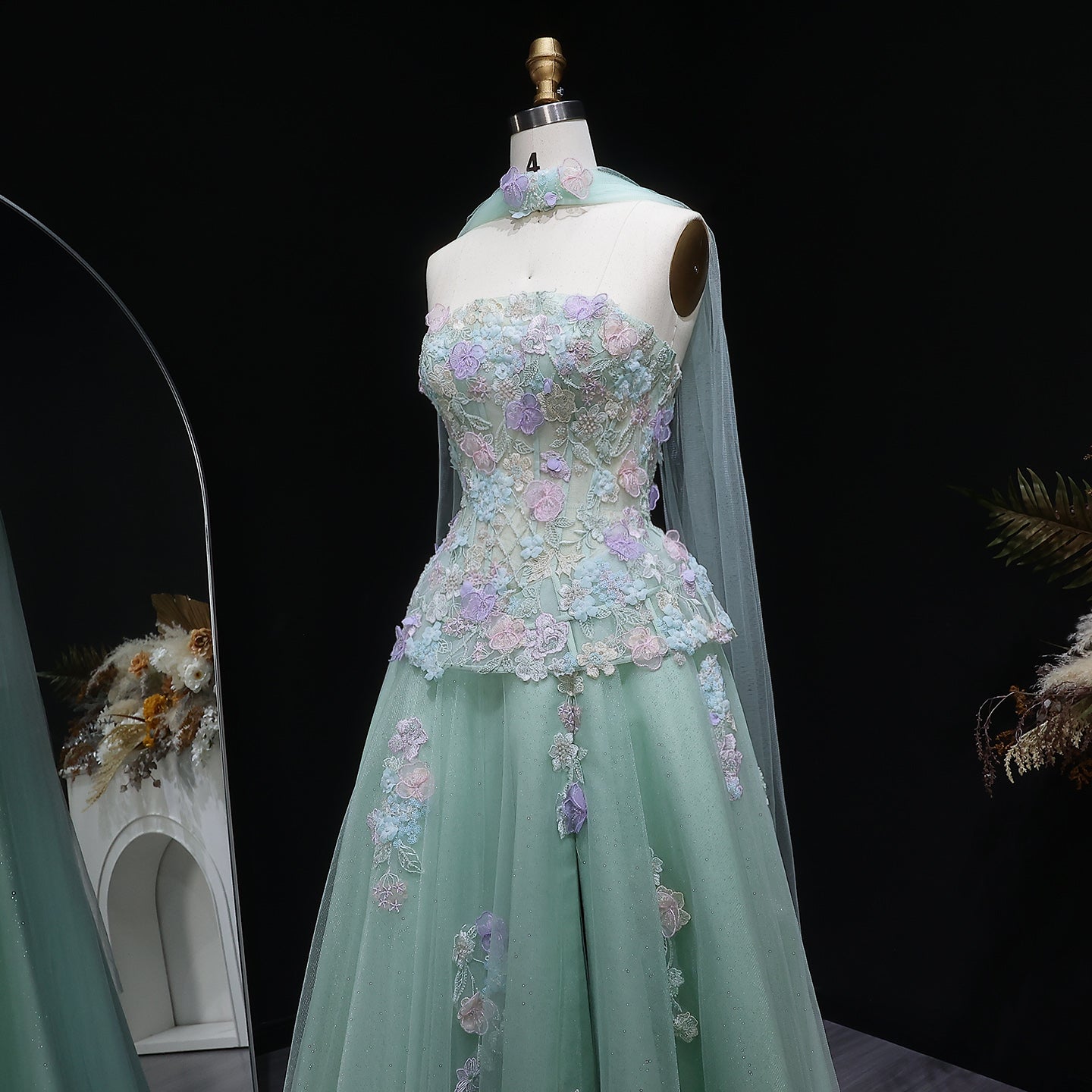 Sage Green Strapless Floral Lace Ball Gown with Wrap SS755 Sheer Fairy
