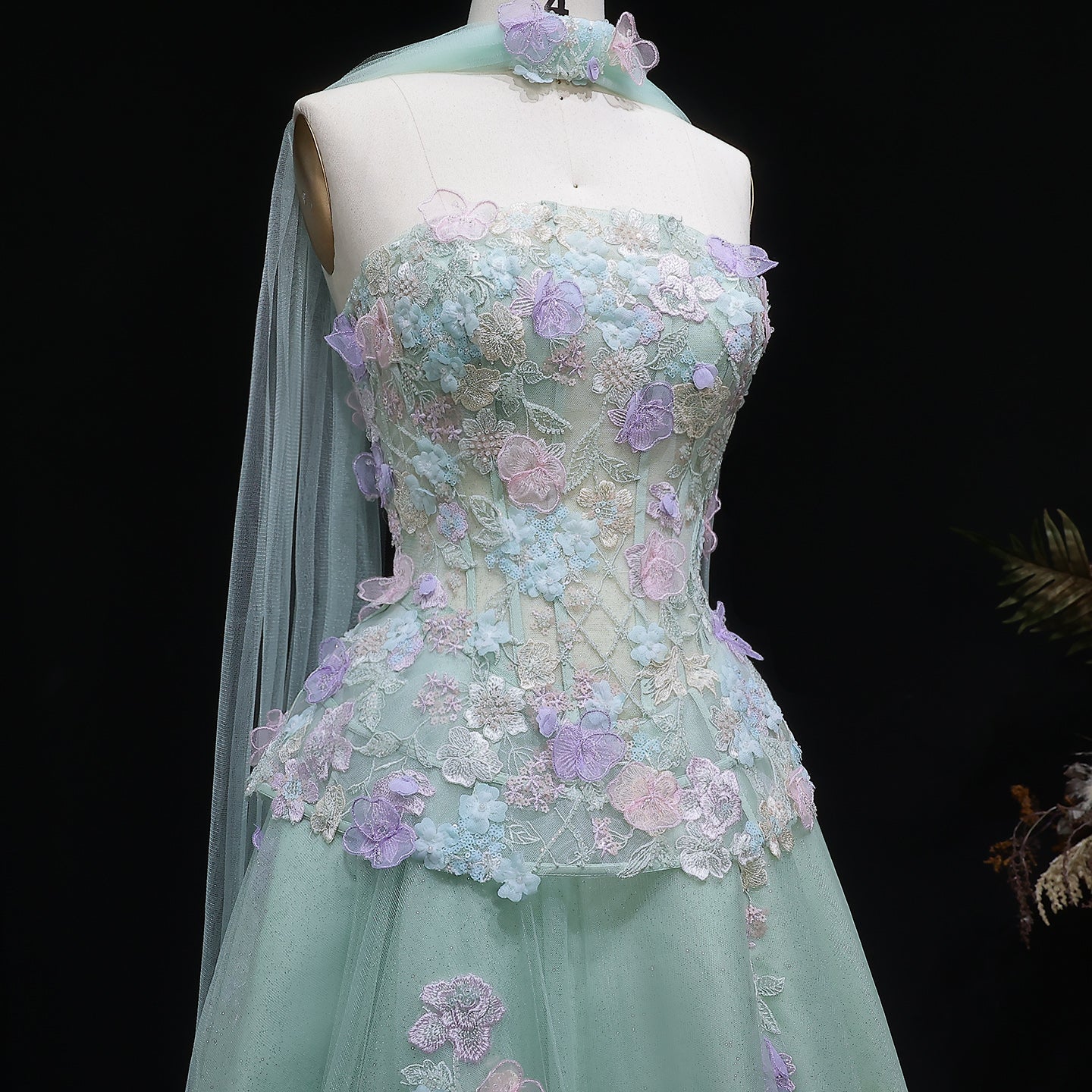 Sage Green Strapless Floral Lace Ball Gown with Wrap SS755 Sheer Fairy
