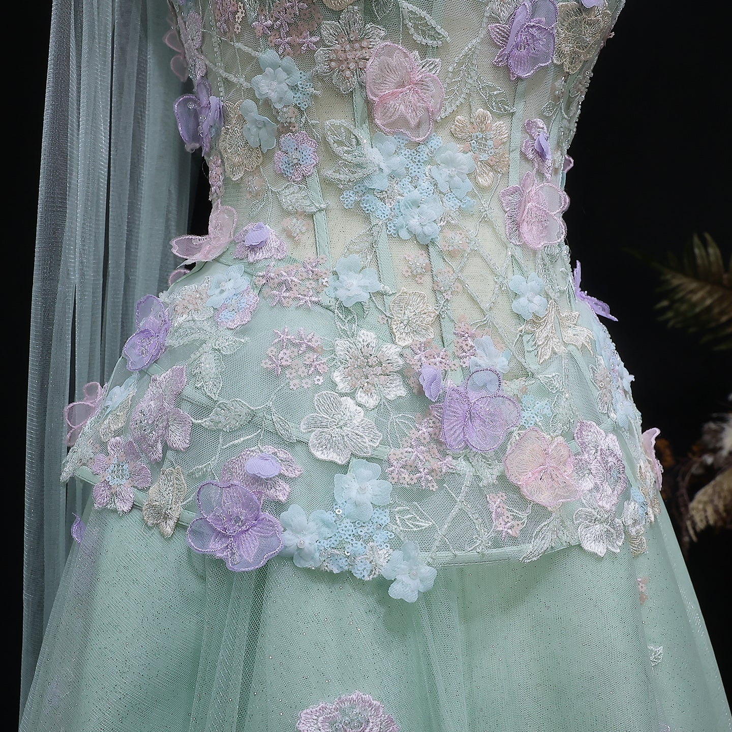 Sage Green Strapless Floral Lace Ball Gown with Wrap SS755 Sheer Fairy