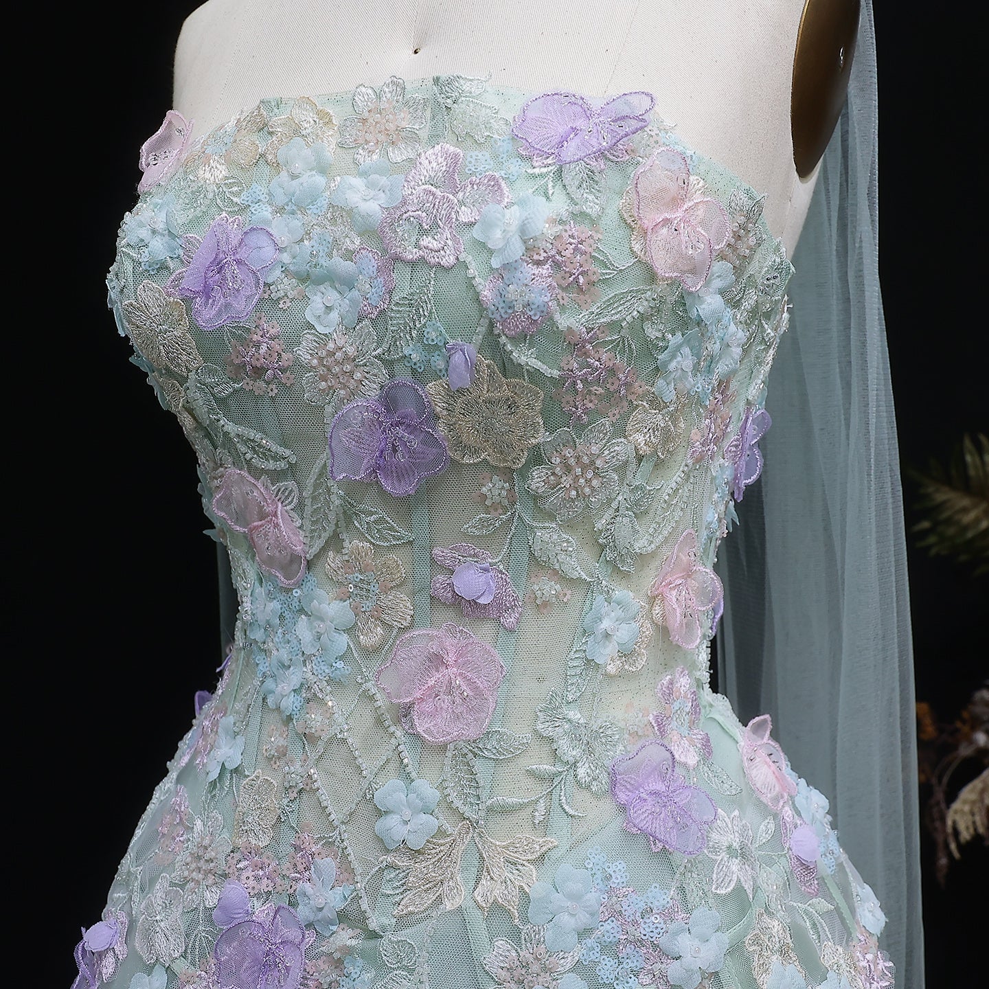 Sage Green Strapless Floral Lace Ball Gown with Wrap SS755 Sheer Fairy