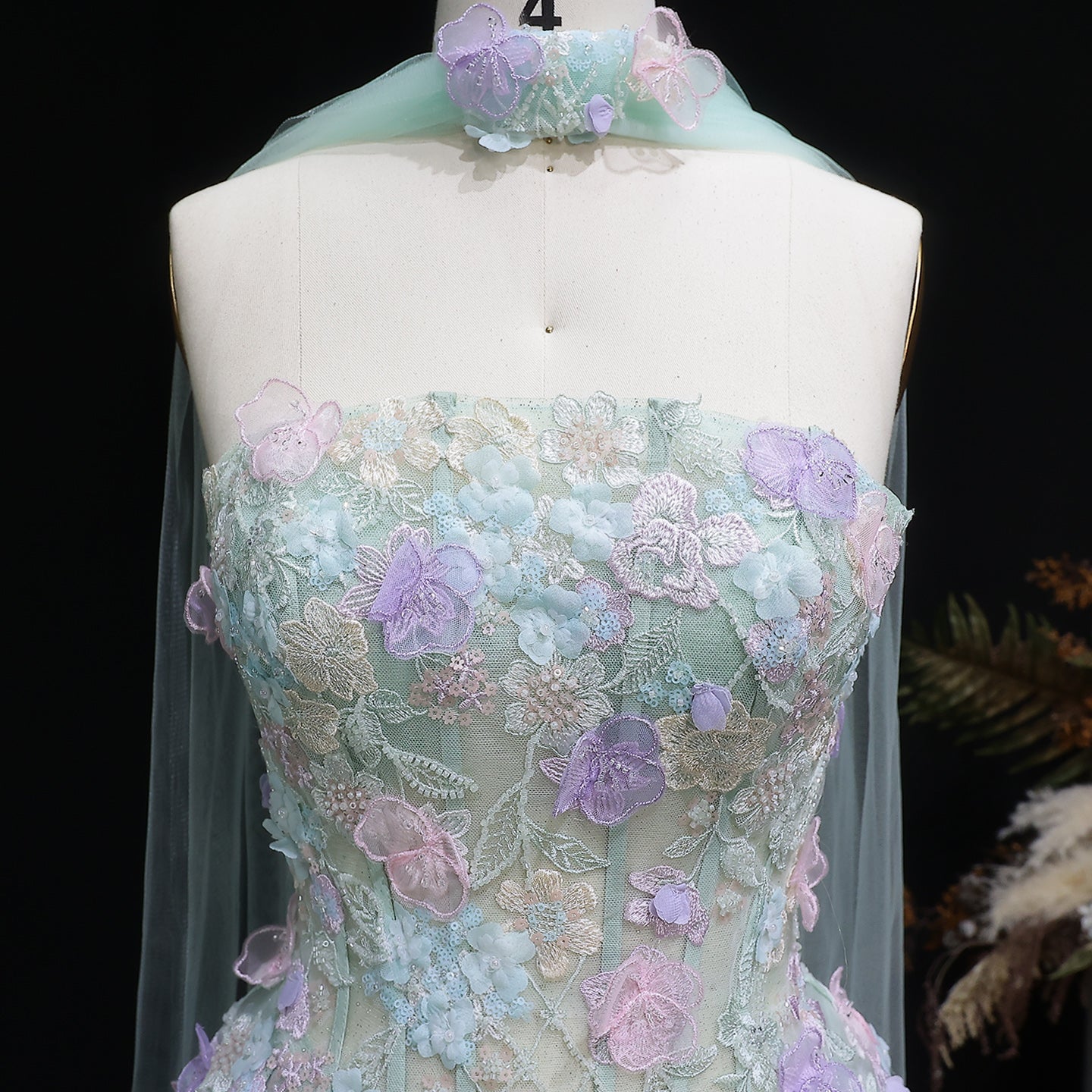 Sage Green Strapless Floral Lace Ball Gown with Wrap SS755 Sheer Fairy