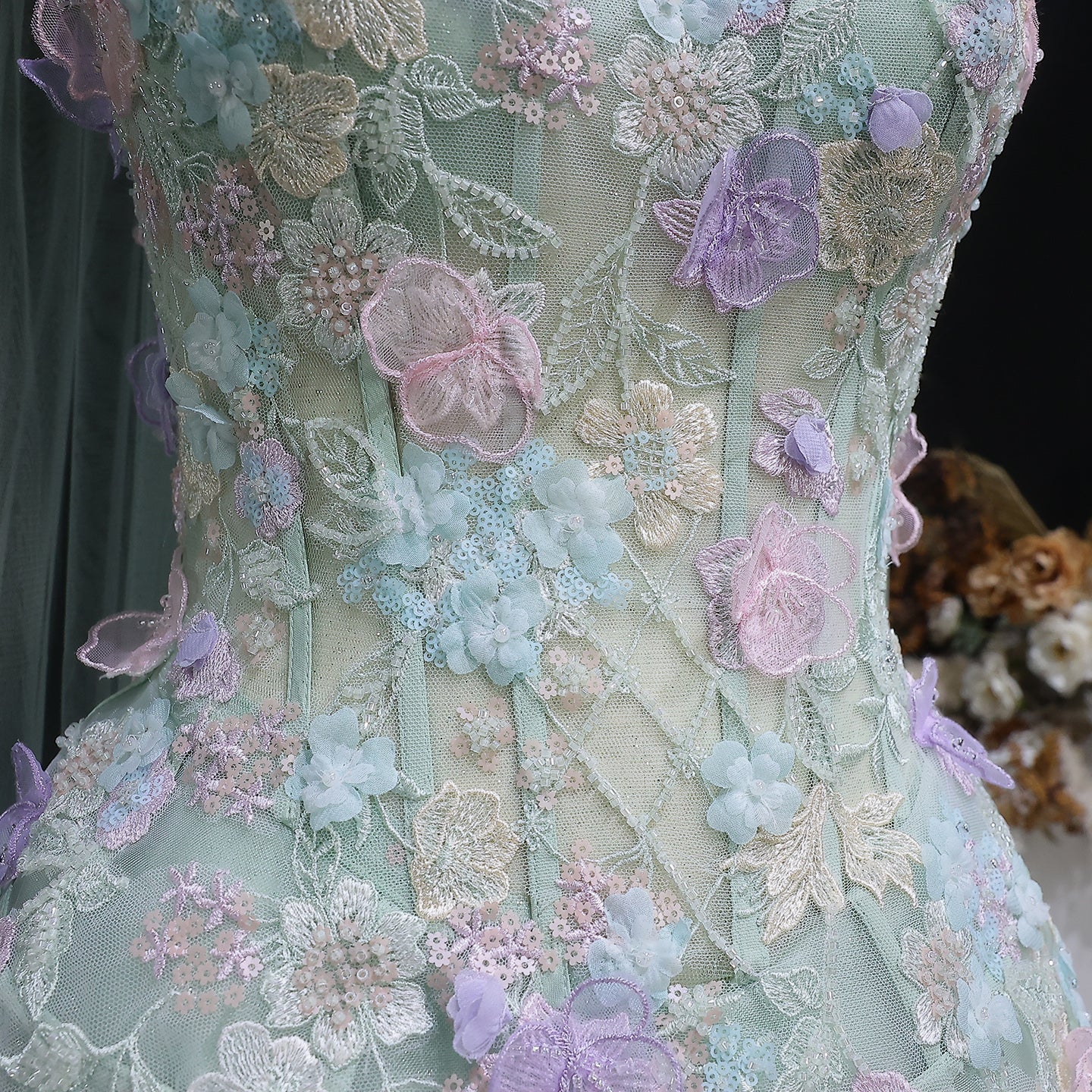 Sage Green Strapless Floral Lace Ball Gown with Wrap SS755 Sheer Fairy