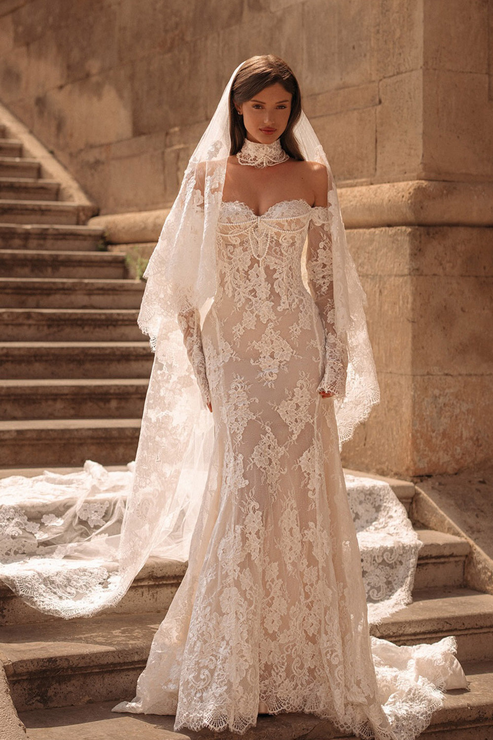 Ivory Lace Mermaid Off-the-Shoulder Long Sleeve Wedding Dress with 3D Floral SW171 Sheer Fairy