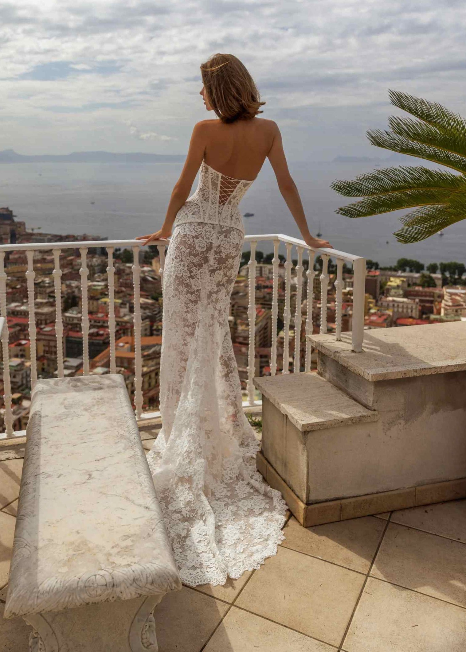 White Sheer Lace Bridal Gown with Corset Bodice and High Slit SW190 Sheer Fairy