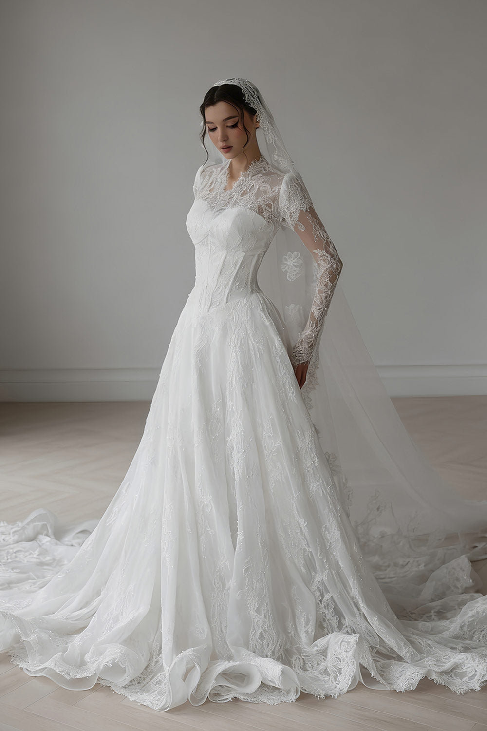 Vintage Long Sleeve Lace Wedding Dress with Veil SW273 Sheer Fairy