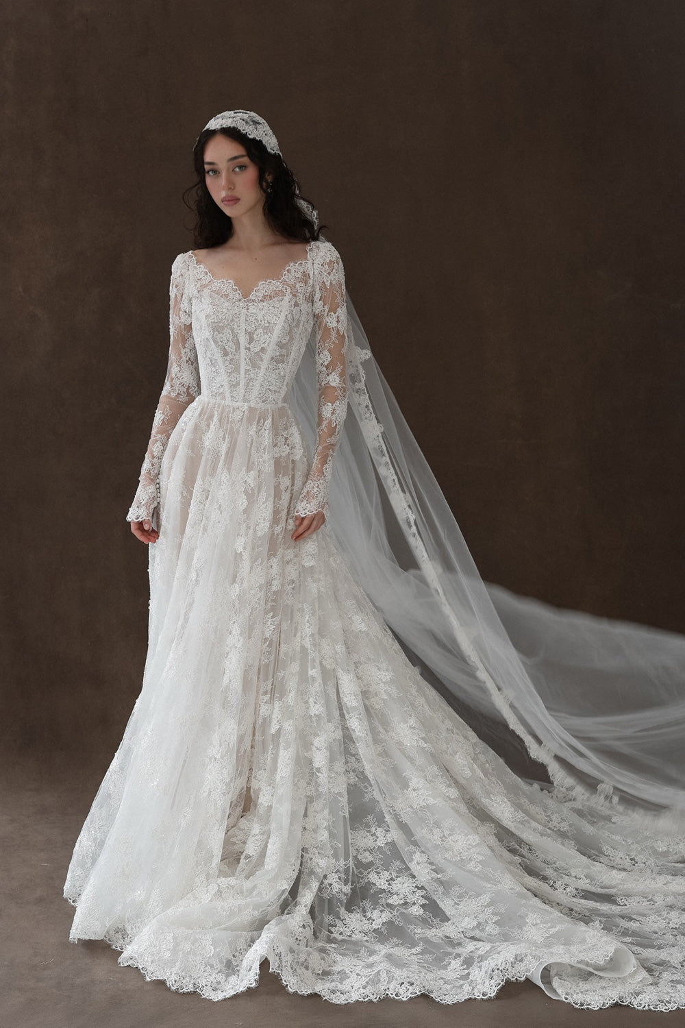 Long Sleeve V Neck Elegant Lace Wedding Dress with Veil  SW276 Sheer Fairy