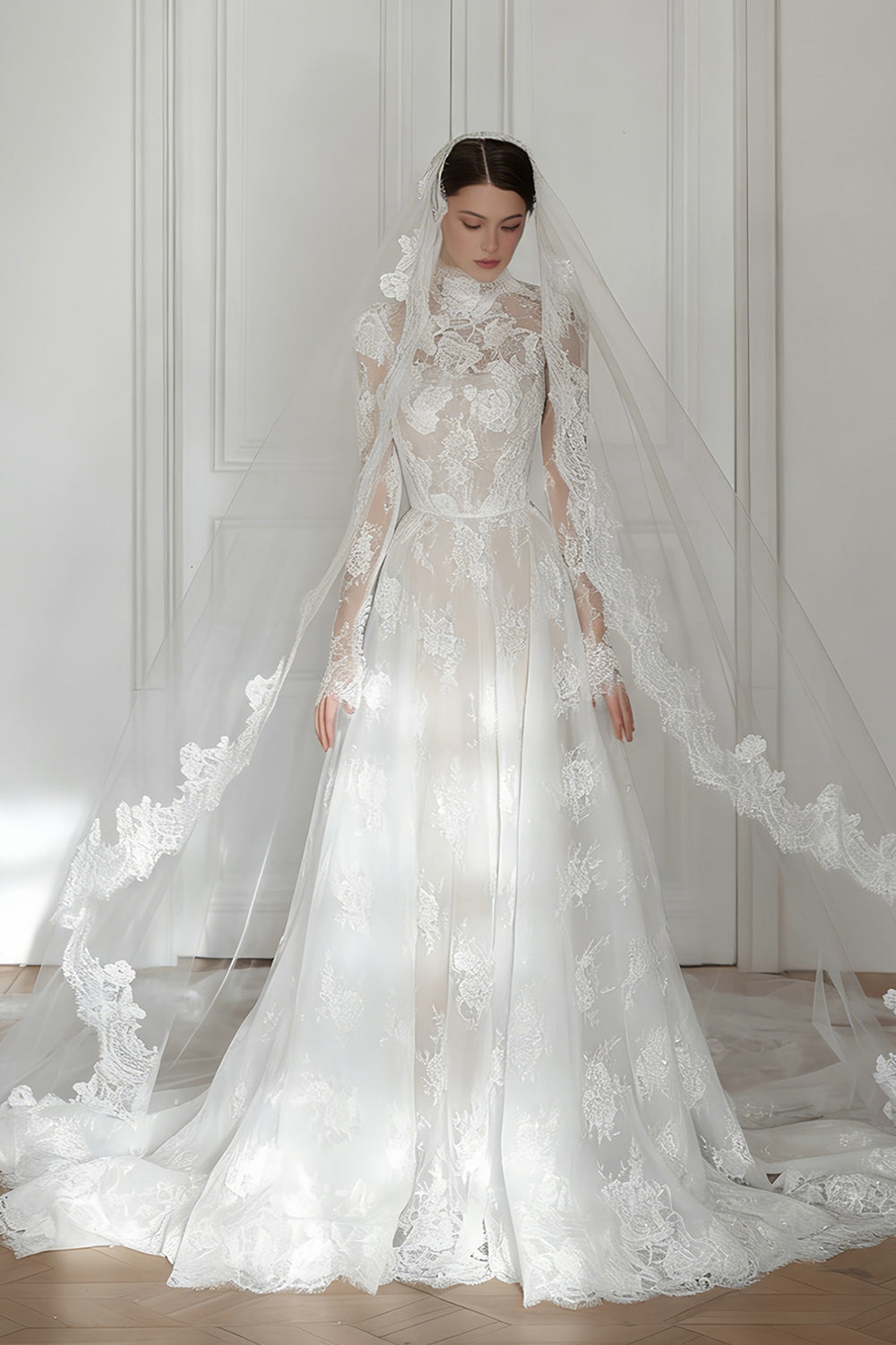 Elegant High Neck Lace Long Sleeve Wedding Dress with Veil  SW277 Sheer Fairy