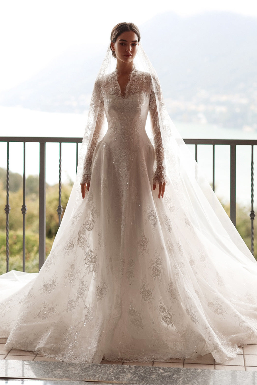 V Neck Long Sleeve Lace Vintage Wedding Dress with Veil  SW278 Sheer Fairy