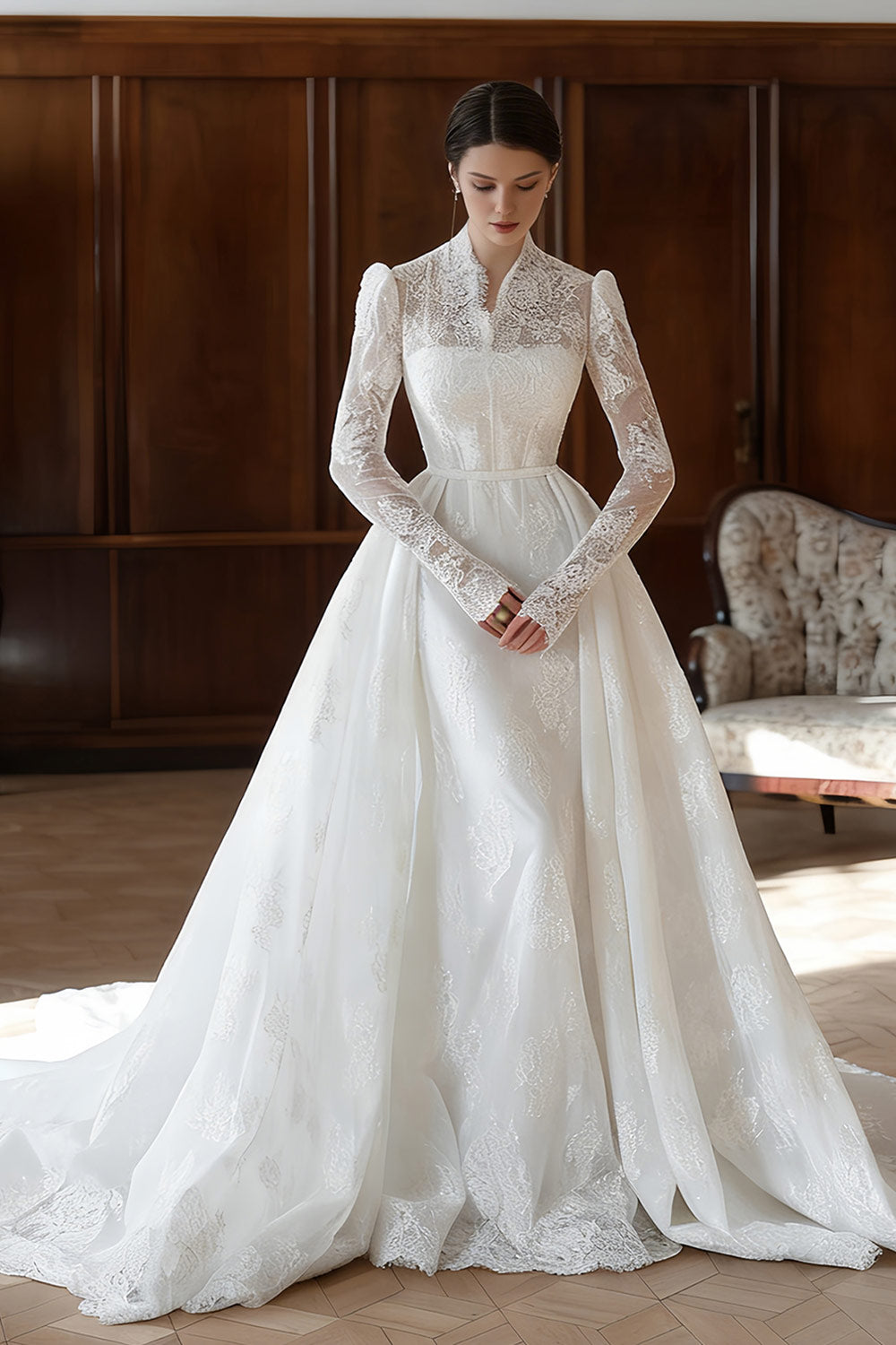 V Neck Long Sleeve Lace Vintage Wedding Dress with Detachable Train  SW279 Sheer Fairy