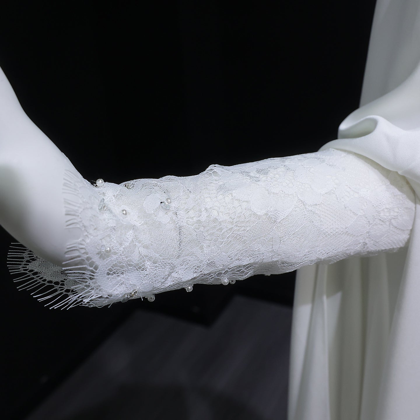 Ivory Minimalist Modest Mermaid Beaded Satin Wedding Dress  Sweep Train SW513 Sheer Fairy